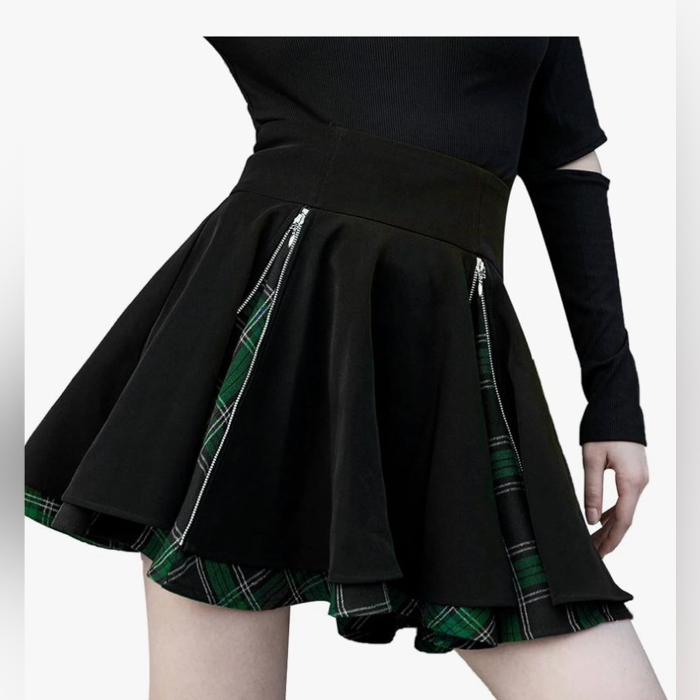 Kisidoo Cute High Elastic Waisted Plaid Trendy Hem Flared Knee Length skirt